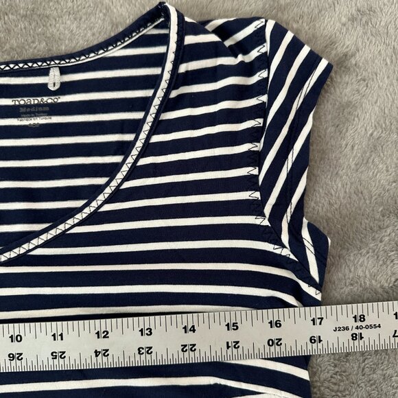 Toad & Co Muse Midi Cinch Dress MEDIUM Navy Stripe Short Sleeve V-Neck - Picture 5 of 7